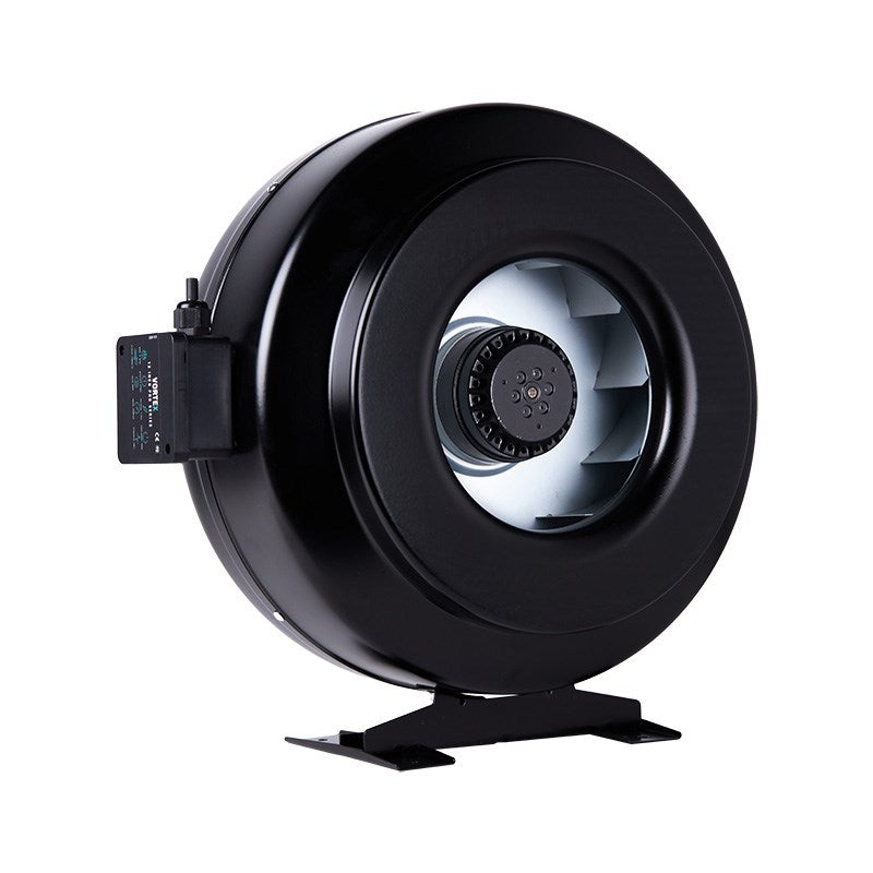 Black inline duct fan angled front with visible impeller blades and side control module
