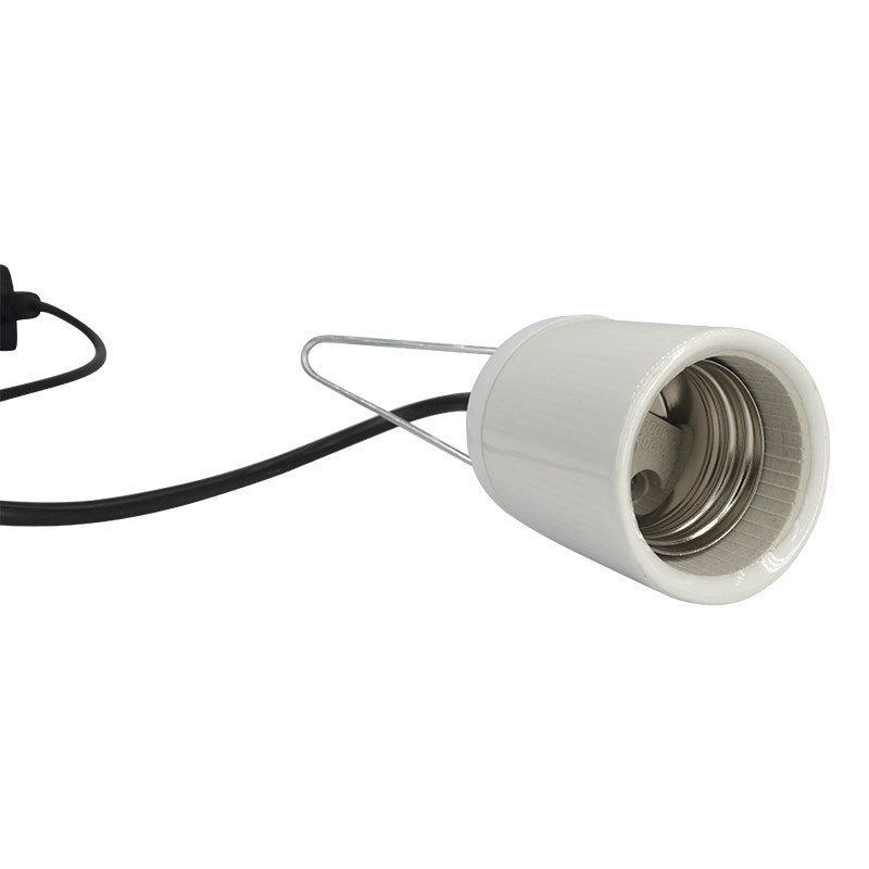 CFL lamp holder socket in white with hanging wire loop and black power cord