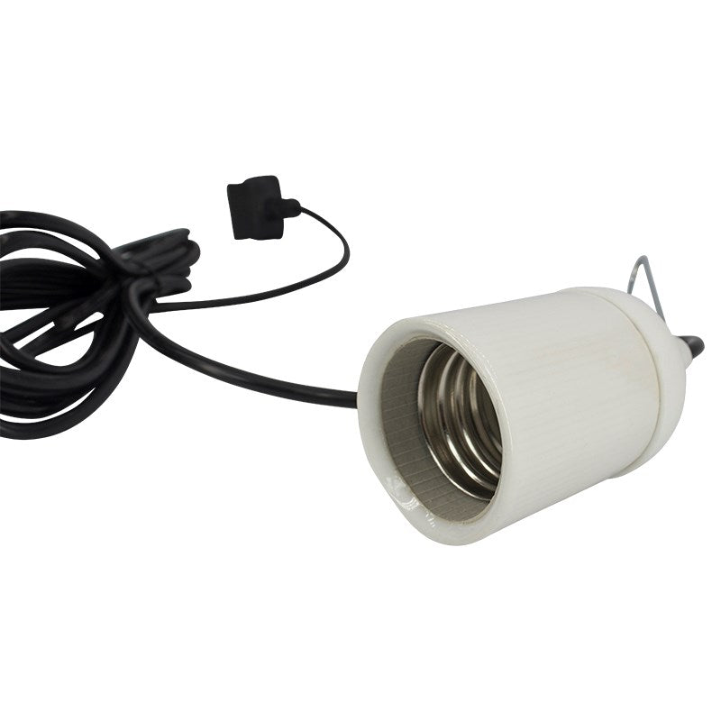 CFL lamp holder with white socket, metal hanging wire, and black cord with plug
