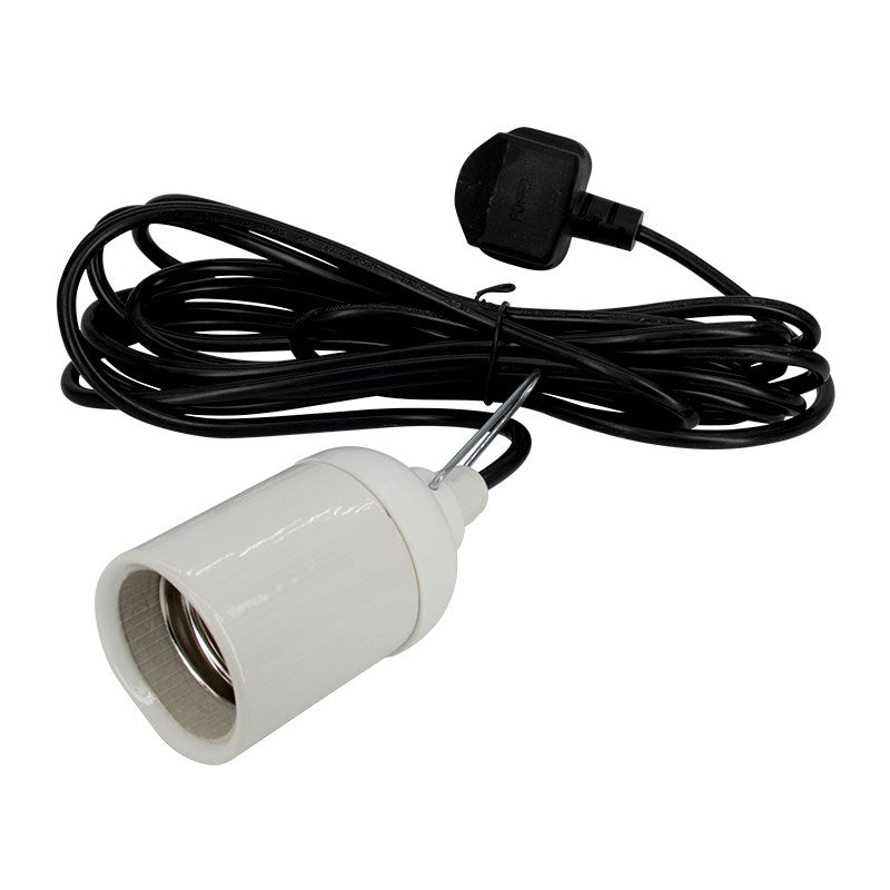 CFL lamp holder with white socket, black 4m power cord, and inline plug