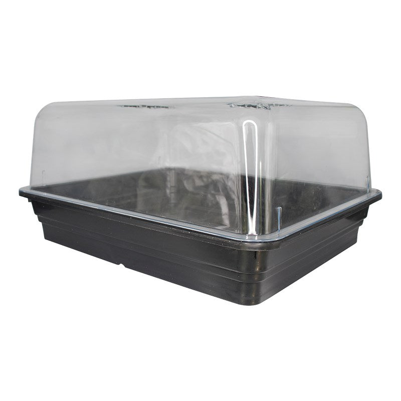 Clear-lidded propagator with black base tray and central metal vent rod