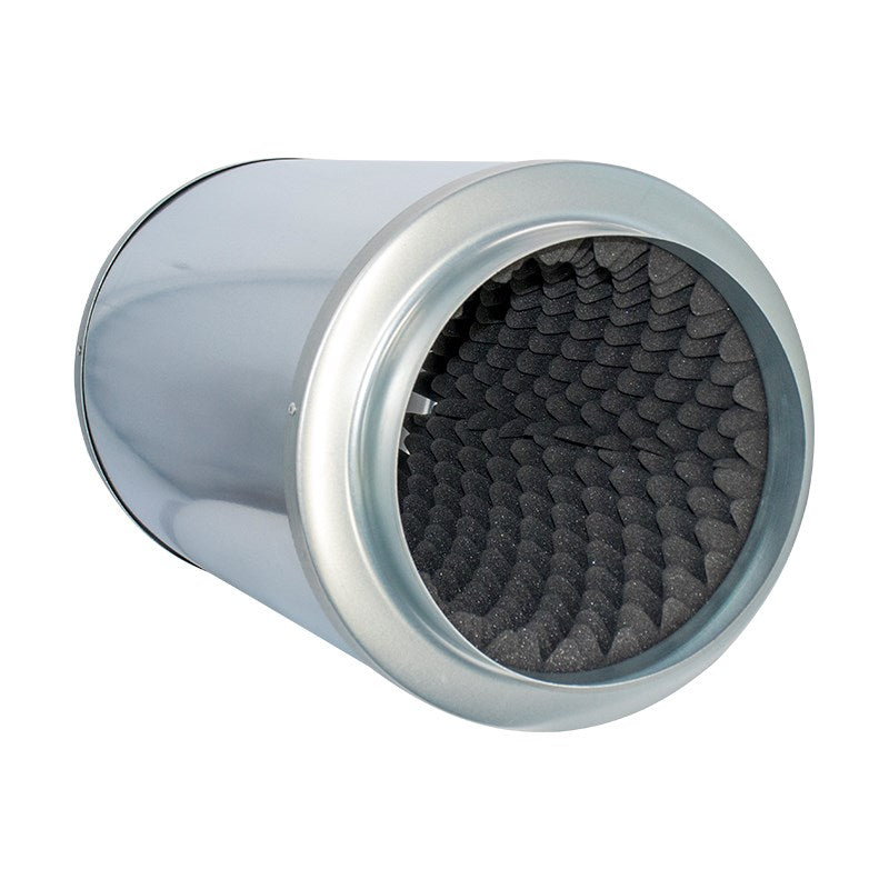 Metal silencer with dark mesh inlet opening and round outlet rim