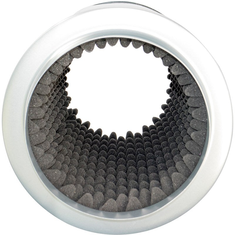 End view of metal silencer showing dark acoustic mesh pattern