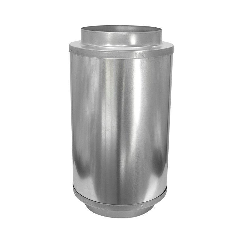 Tall cylindrical metal silencer with top and bottom flanged edges