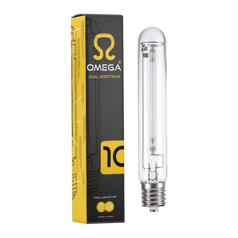 Omega dual spectrum lamp, boxed with clear glass tube and yellow front label 10