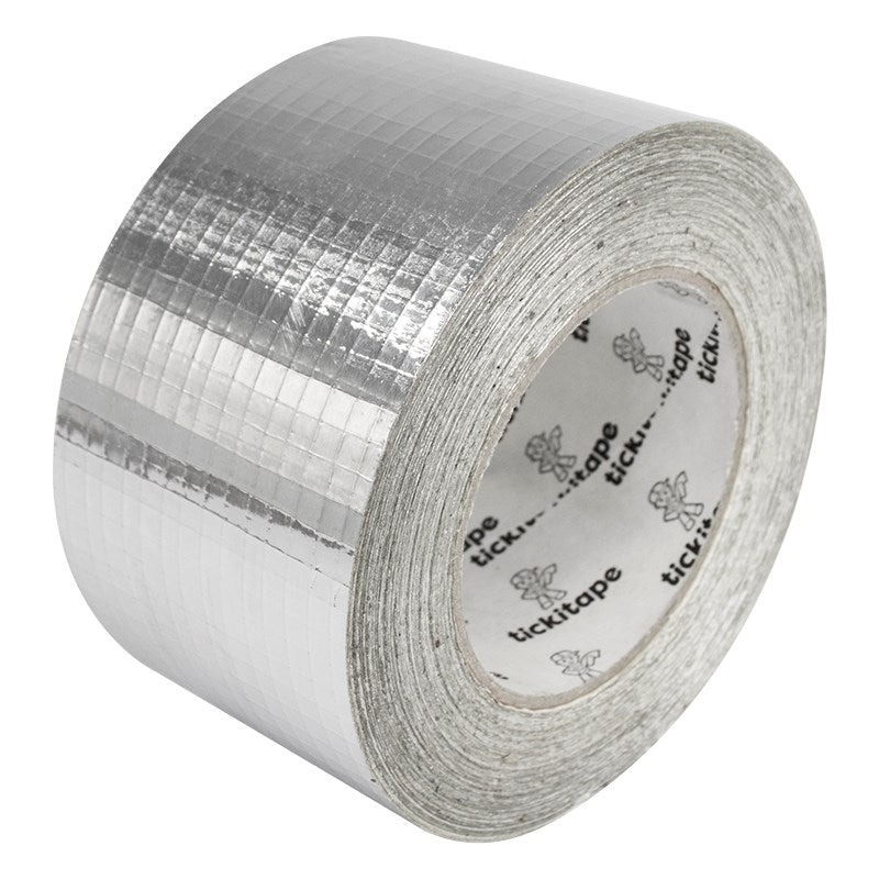 Silver woven tape roll, end view shows printed inner label on light core
