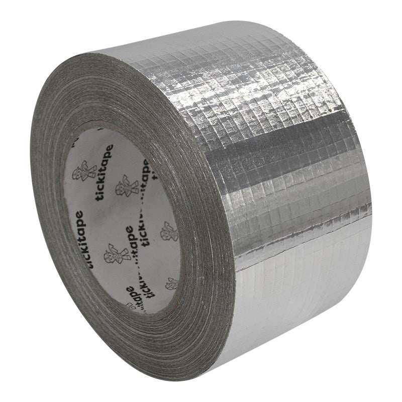 Silver woven tape roll with visible core and reflective grid tape surface