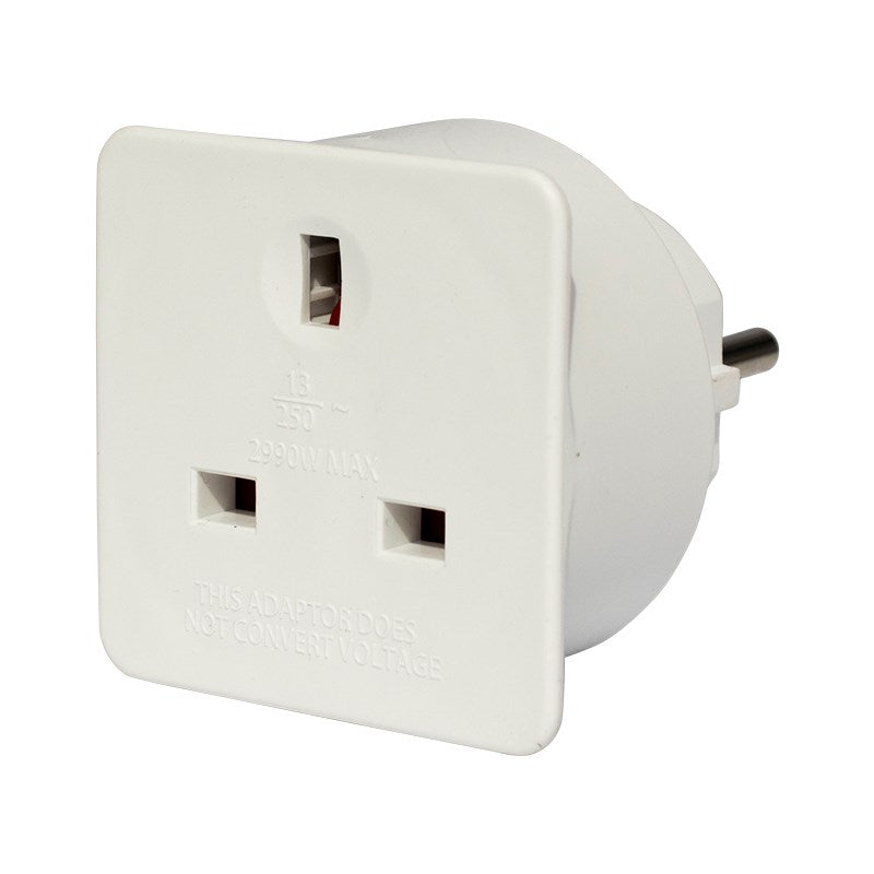 White UK to Europe plug adaptor showing UK socket face and side plug pins