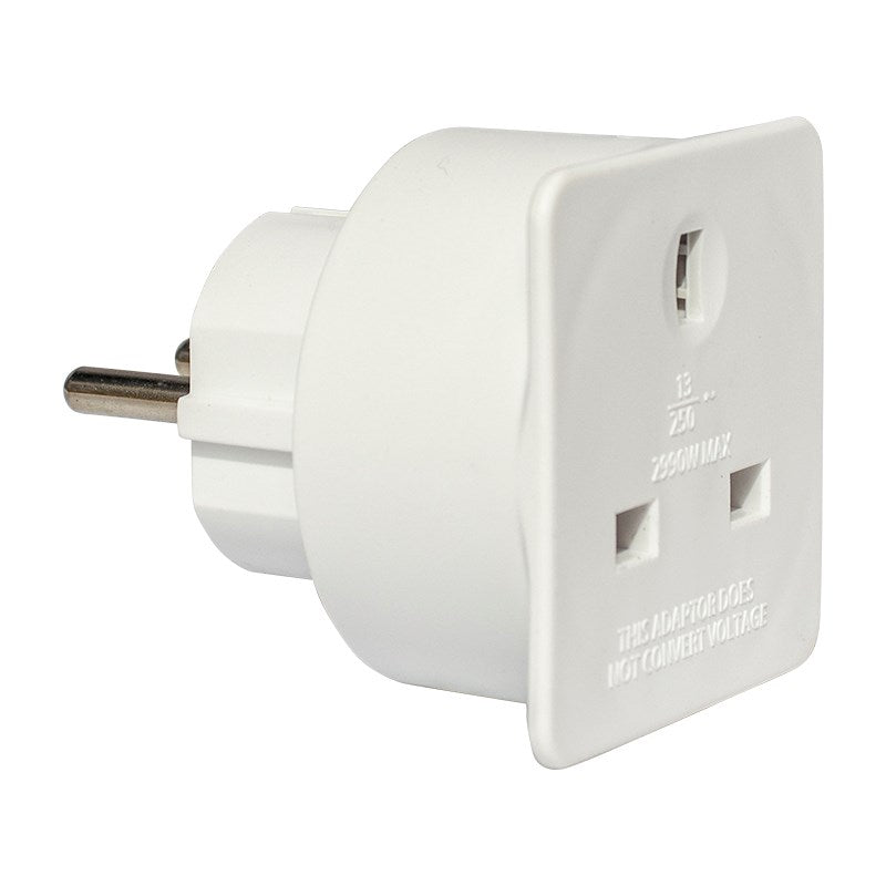White UK to Europe plug adaptor side view with two round pins and UK socket