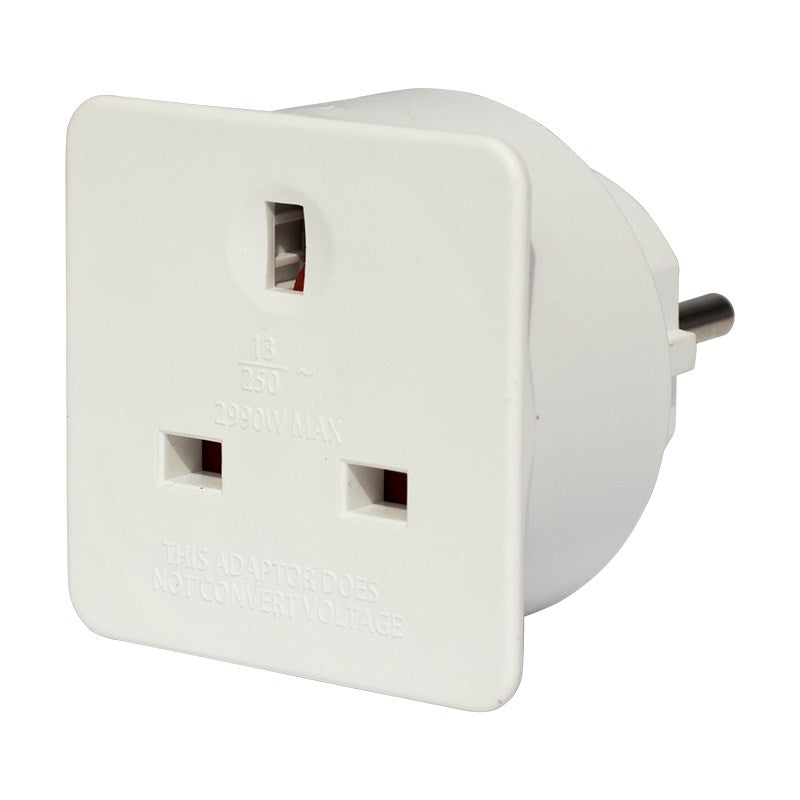 White UK to Europe plug adaptor angled view showing UK socket and side pins