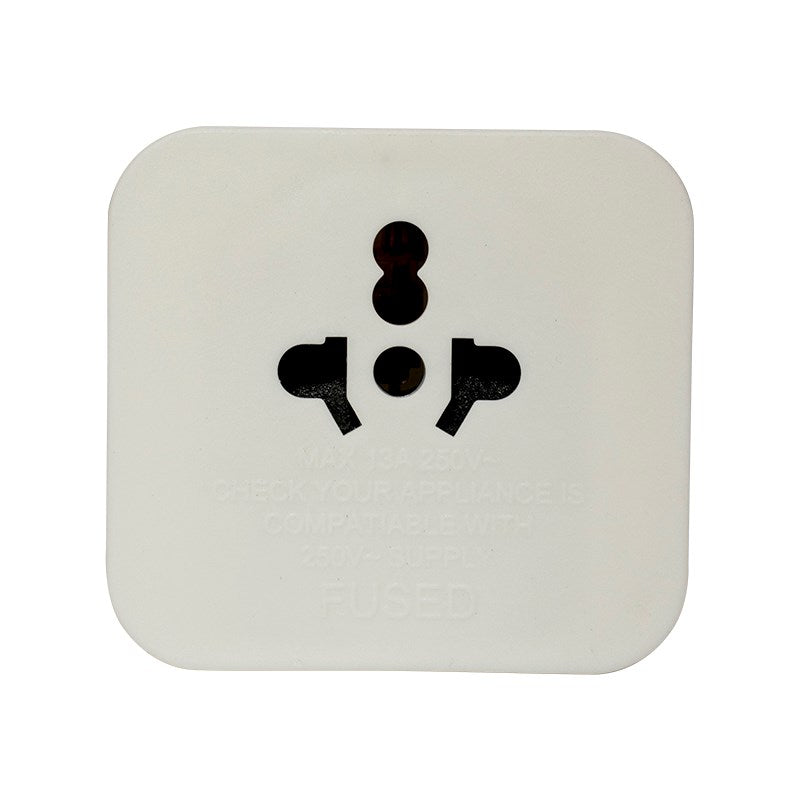 White 3-pin UK plug socket adaptor face with two round holes and earth pin