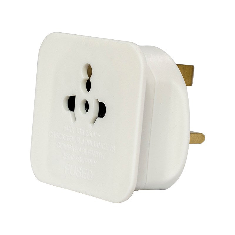White UK 3-pin plug adaptor with two metal prongs and center earth pin
