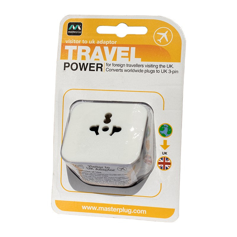 UK travel power plug adaptor with 3-pin socket, white plastic housing
