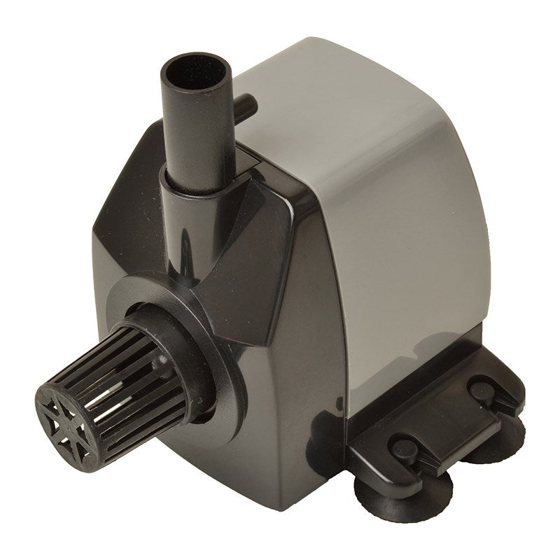 Gray water pump angled view with black nozzle and outlet tube