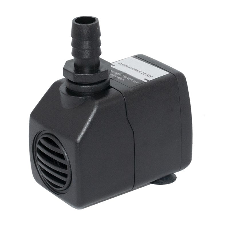 Black submersible water pump with barbed outlet, top label, and vented intake
