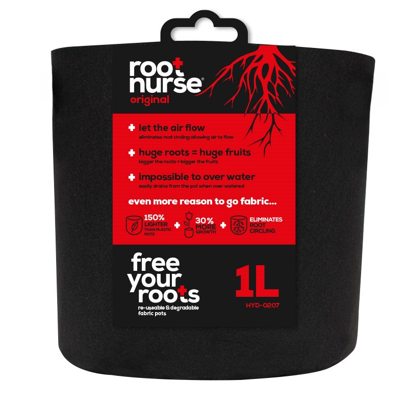 Black fabric plant pot with carry handles, 1L capacity label on front