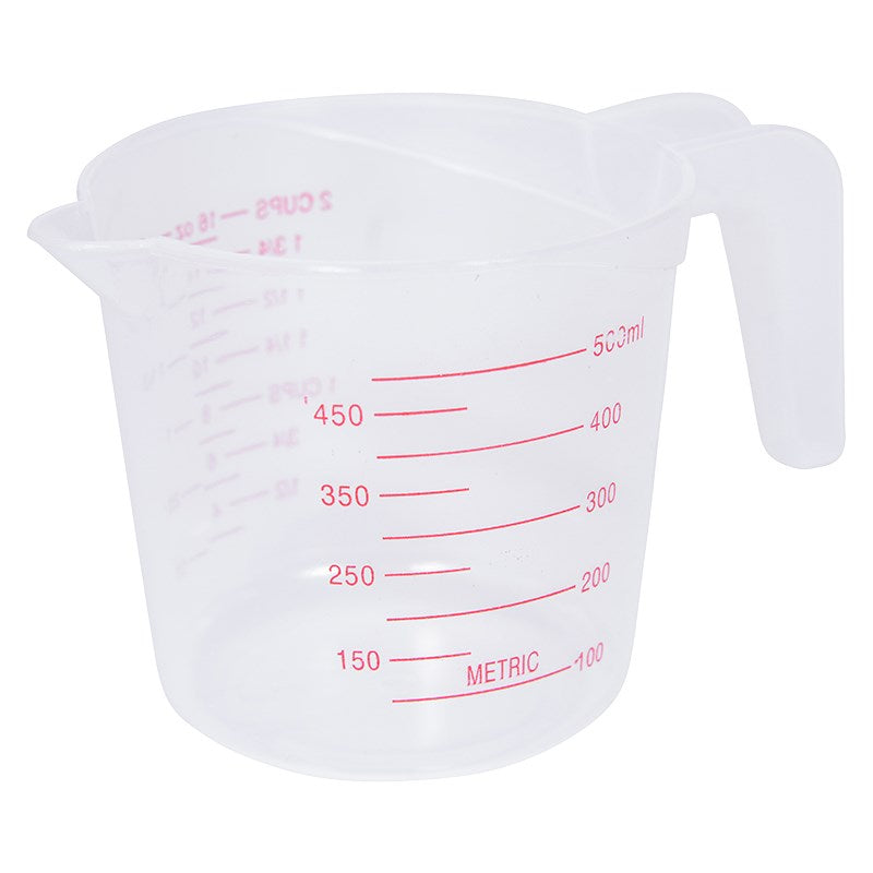 White plastic measuring jug with spout, handle, and red metric measurement markings