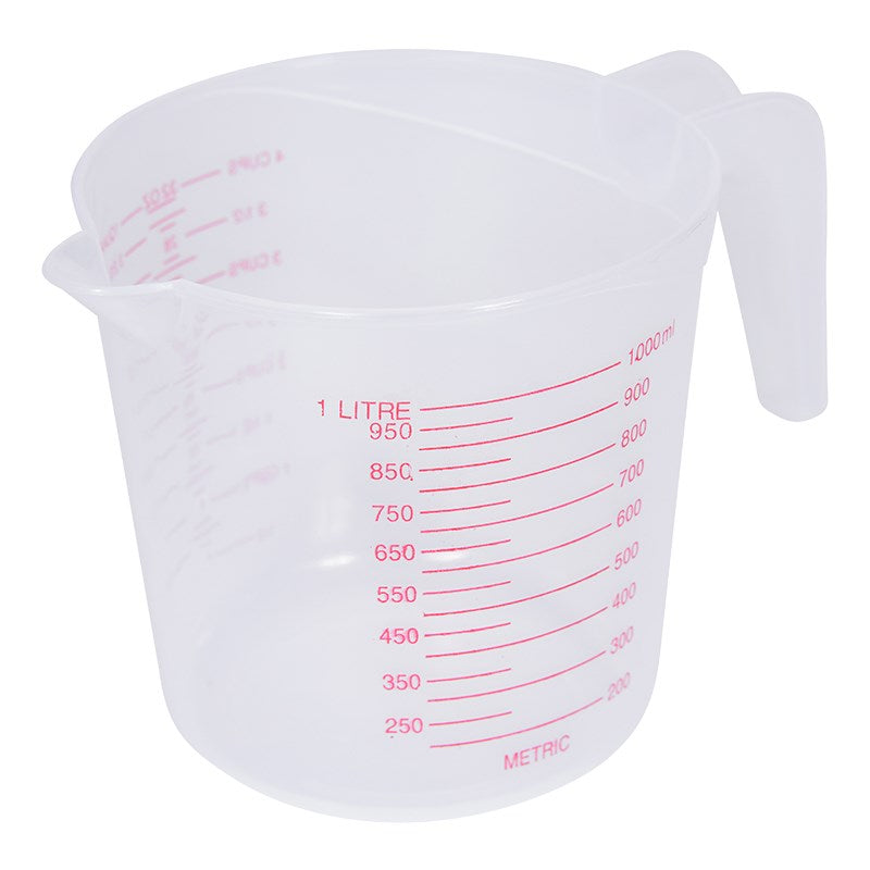 Transparent plastic measuring jug with spout, handle, and litre/red metric scale