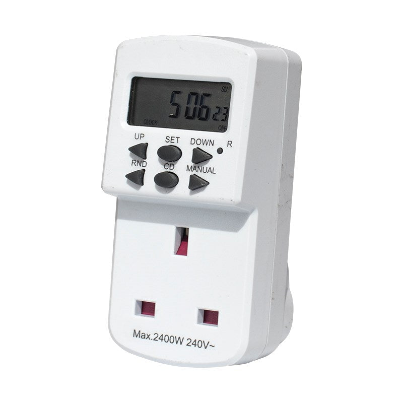 7-day digital timer with LCD screen and three-button controls on white plug housing