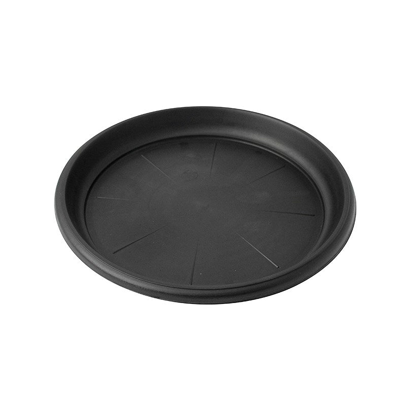 Round black pot saucer tray with shallow bowl shape and wide rim
