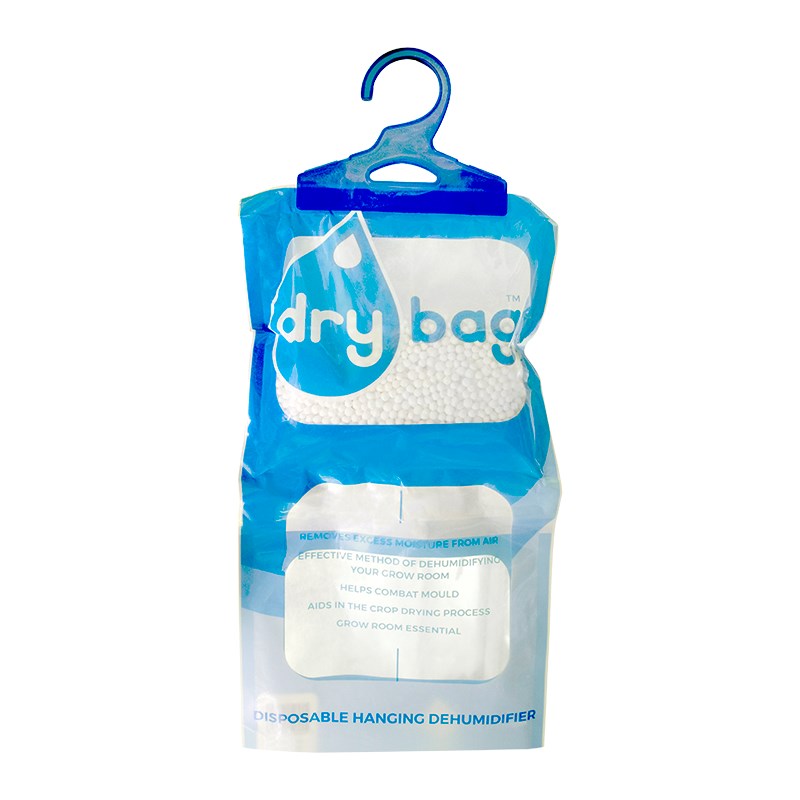 Disposable hanging dehumidifier bag, blue pouch with top hanger