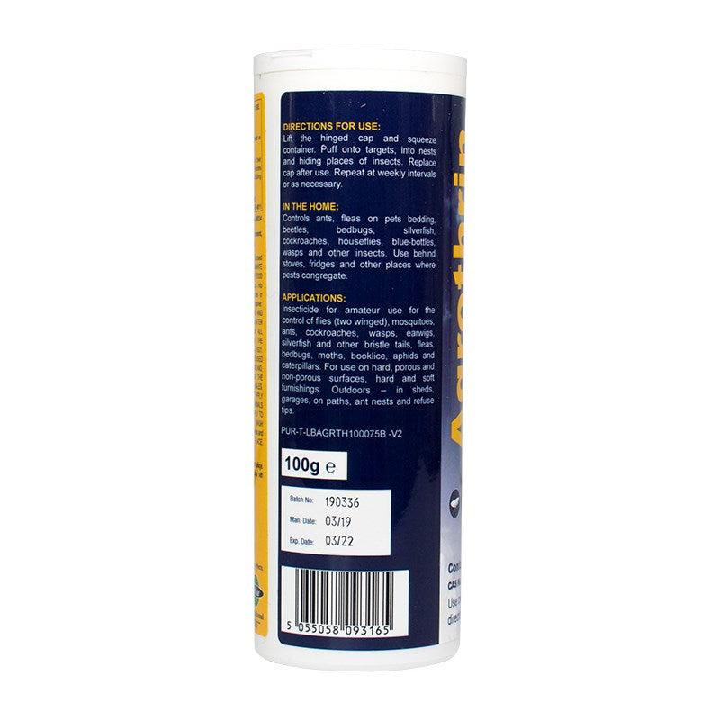 Insecticide powder tub back label with directions and 100 g