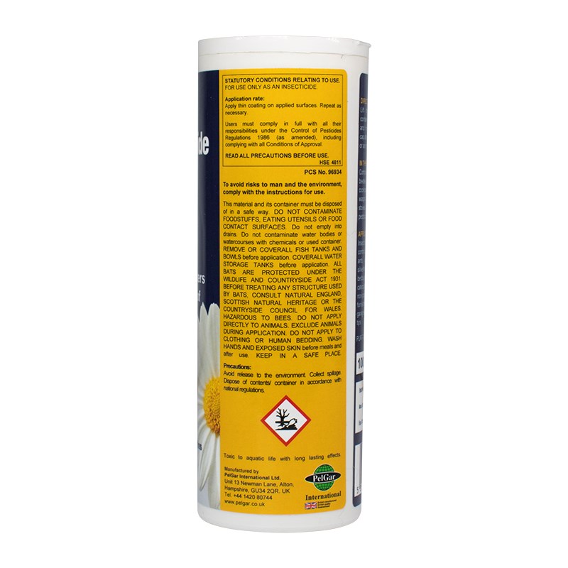 Insecticide powder tub with yellow warning panel and caution text, 100 g