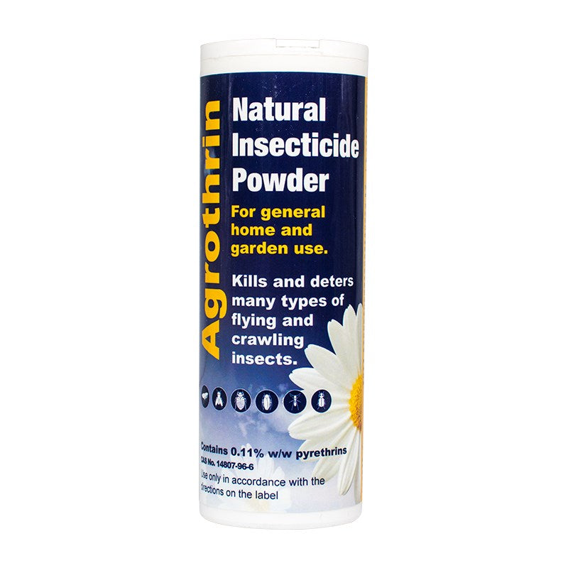 Insecticide powder tub with white lid and blue label, contains 100 g