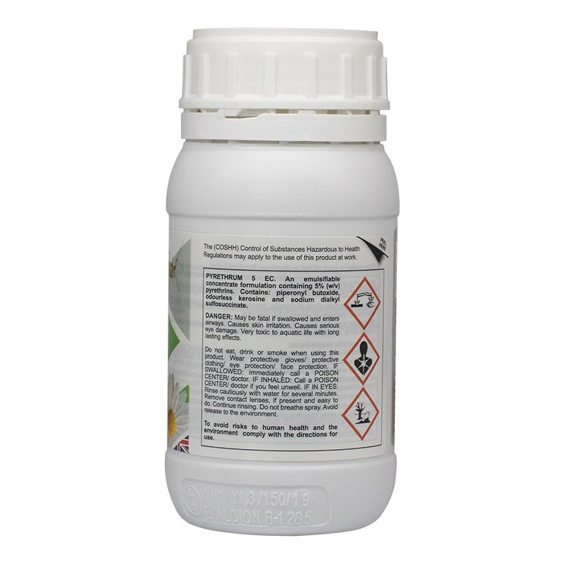 Pyrethrum 5EC insecticide bottle, 250 ml, back label with hazard symbols