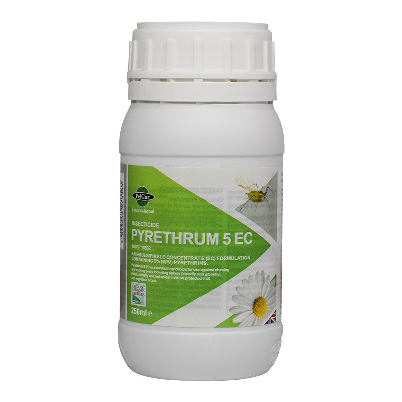 Pyrethrum 5EC insecticide bottle, 250 ml, white plastic with front label