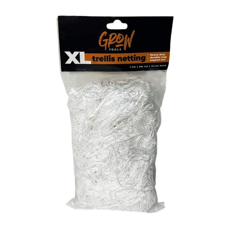 White XL trellis netting crop support net, packaged, heavy-duty
