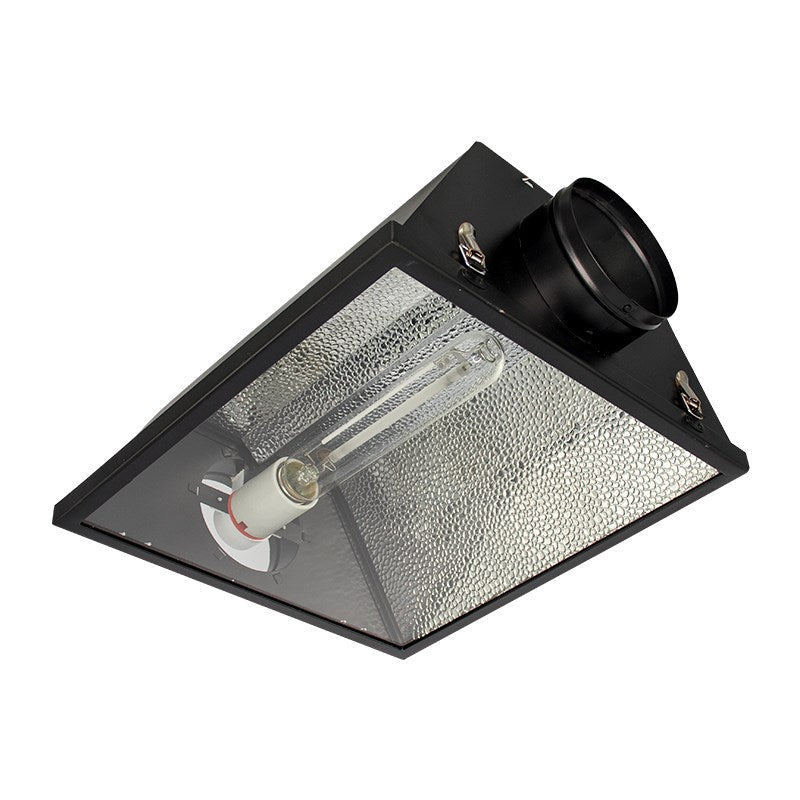 Black grow reflector with silver foil lining, clear bulb, and hanging socket