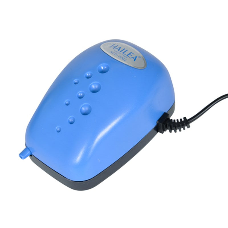 Blue air pump with vented base, power cord, and Hailea badge on top
