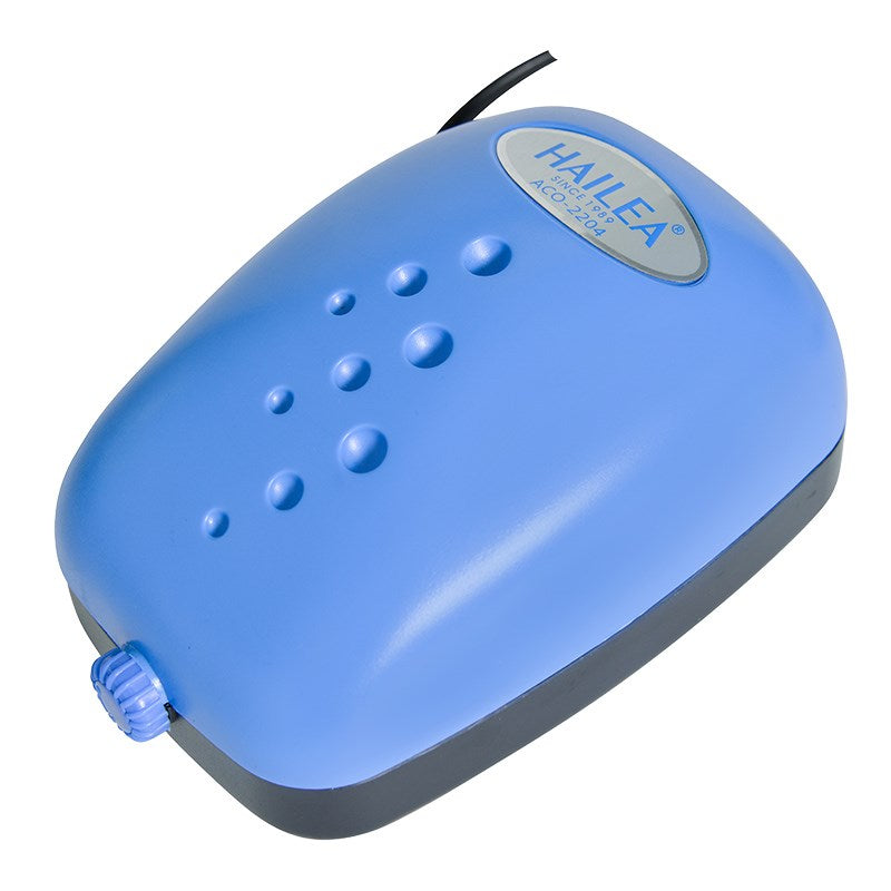 Blue air pump with Hailea top label, indicator dots, and connected power cord