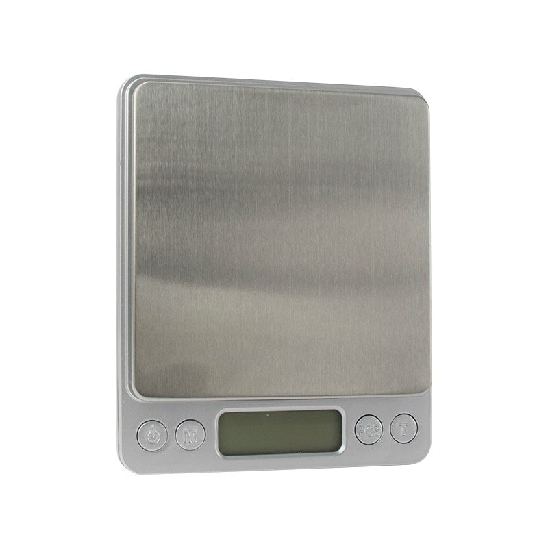 Precision digital kitchen scale front view, gray brushed platform, LCD screen and buttons