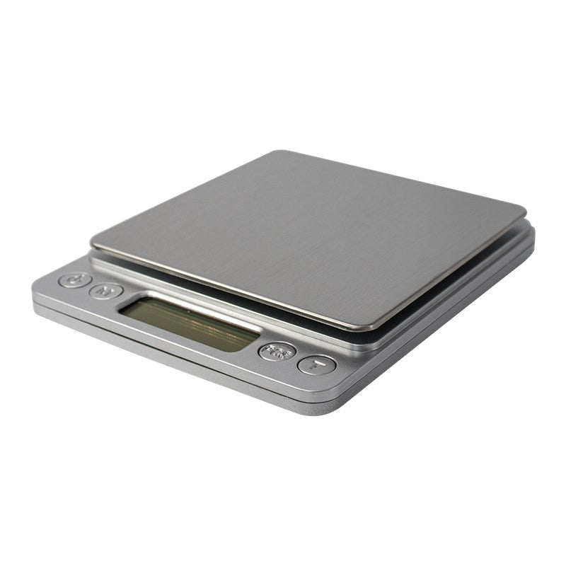 Precision digital kitchen scale with LCD display, round buttons, gray platform