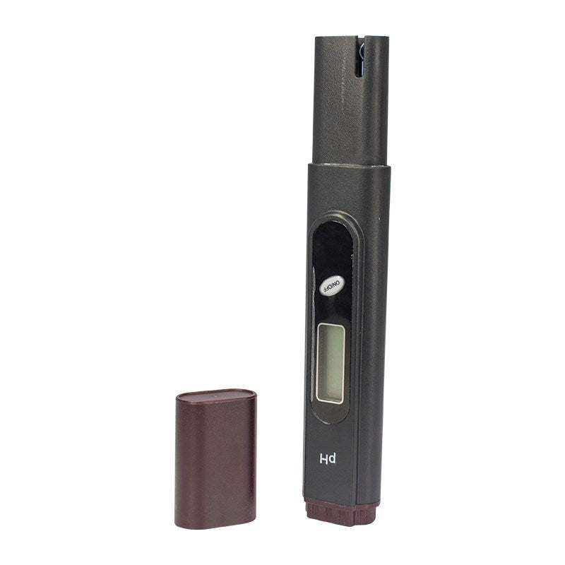 pH meter with LCD screen and maroon protective cap