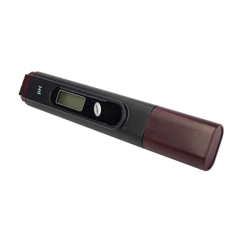 Pocket pH meter with LCD display and H/L markings on black-and-maroon body