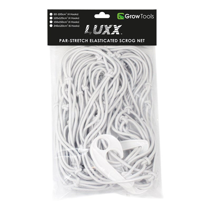 White elasticated scrog net with fixing ring, packaged in clear bag