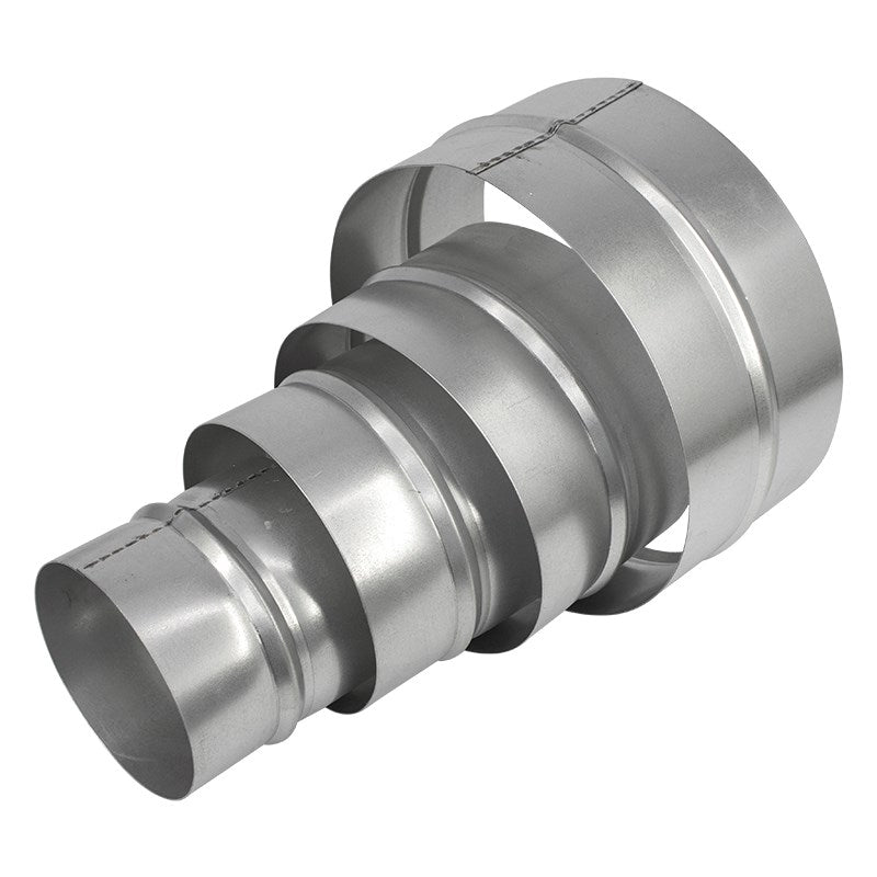 Metal ducting connector with stepped ends and flanged inlet, silver finish