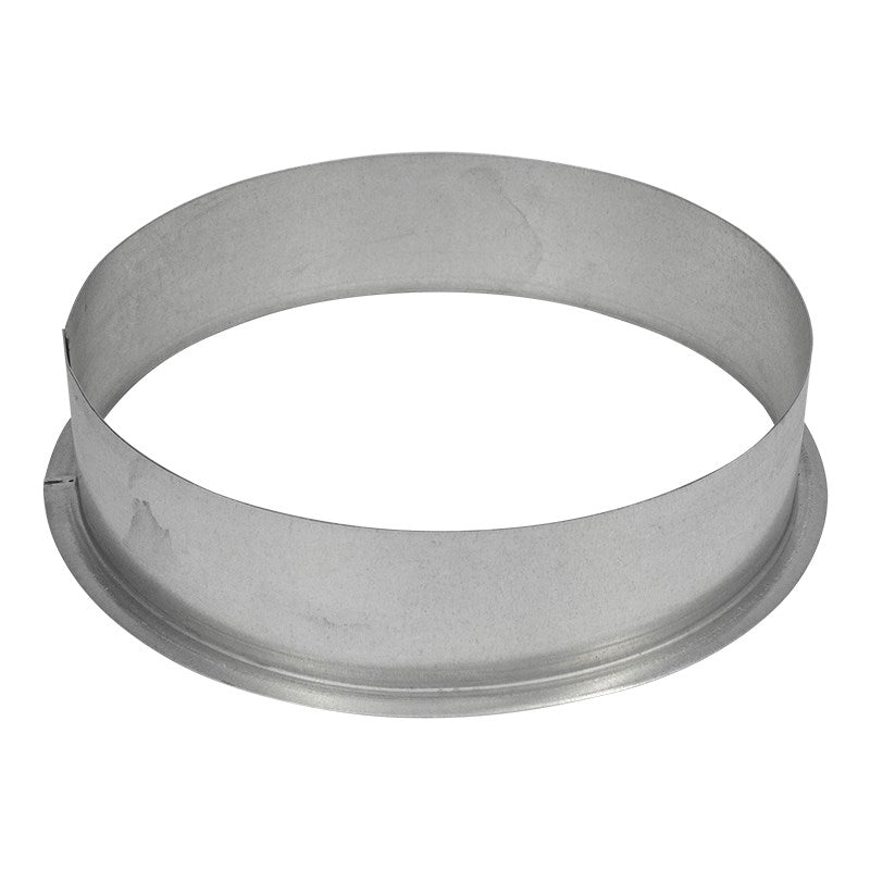 Silver-gray metal ducting ring, top view showing wide circular opening