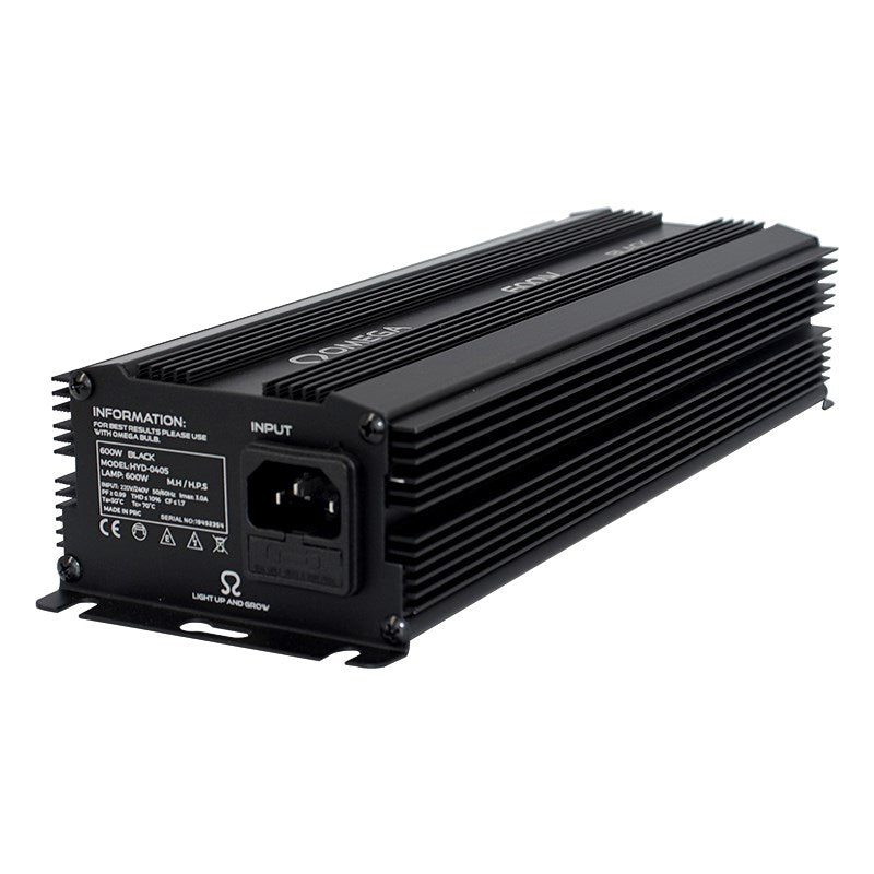 Black electronic ballast with input port and information label on side panel