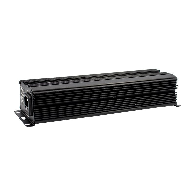 Black electronic ballast unit with vented heat sink fins and mounting bracket
