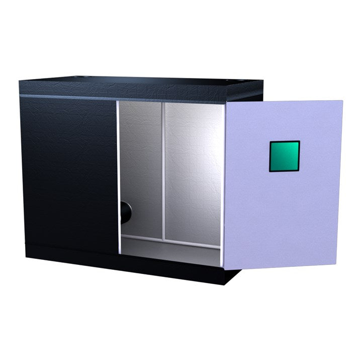 Grow tent with open side view: black walls, silver interior sections, purple panel with green window