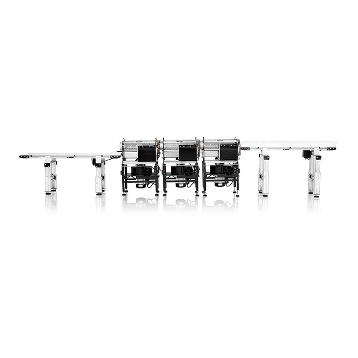 Multi-station conveyor trimmer with white rollers, black modules, and metal frame