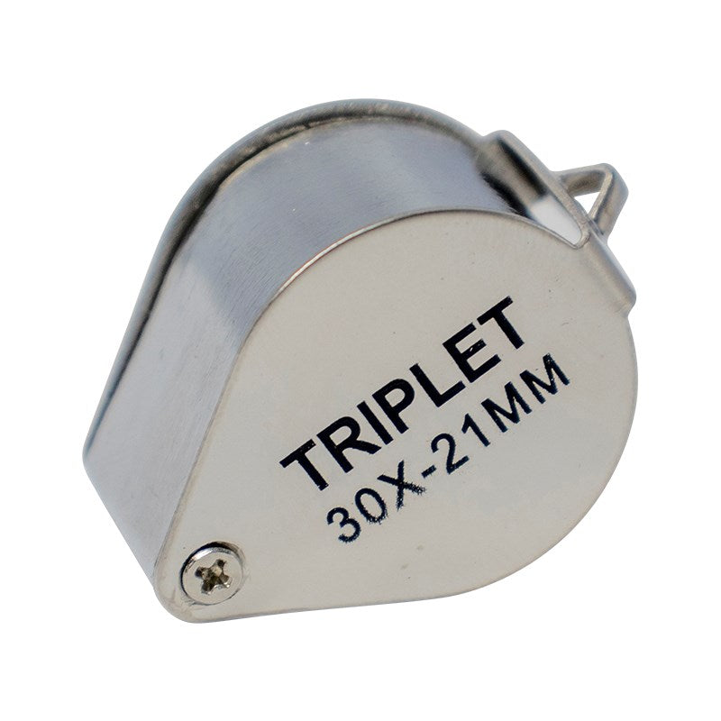 Triplet 30x jewelers loupe with 21mm lens, angled view, silver metal body