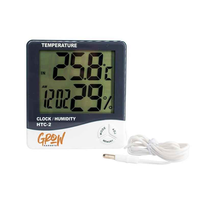 Digital indoor hygrometer with temperature/humidity display and white probe wire, blue case.