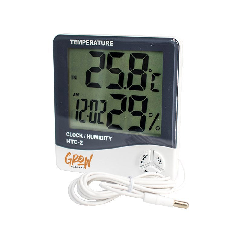 Indoor hygrometer with LCD temperature and humidity readout; includes white probe cable.