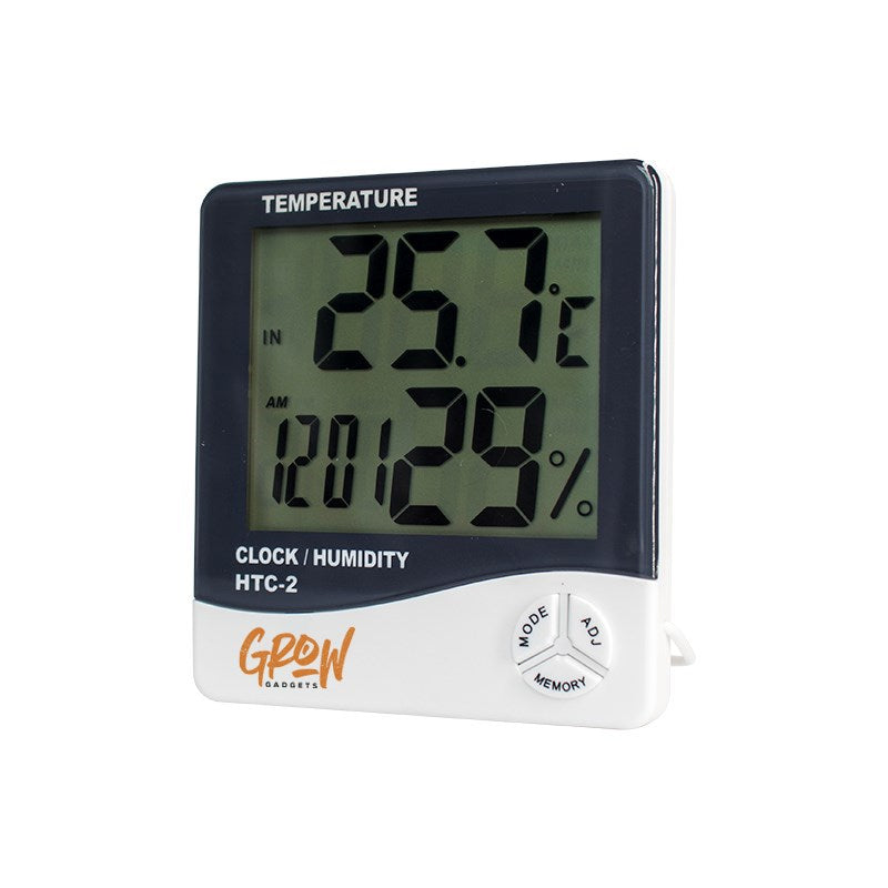 Indoor hygrometer thermometer with LCD temperature/humidity readout and control buttons; probe.