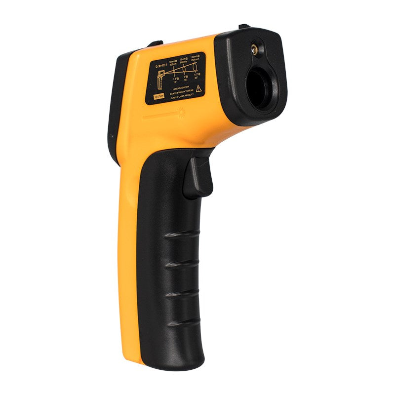 Orange laser thermometer with side label panel and circular lens opening
